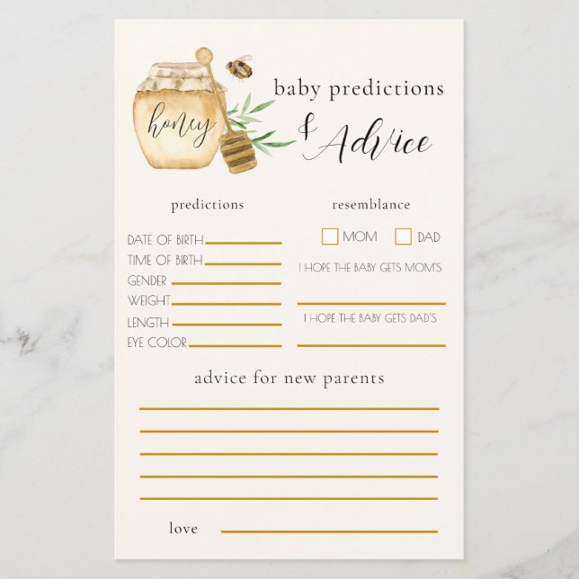 Honey Bee Baby Shower Voorspelling Spel (Voorkant)