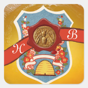 HONEY BEE, BEEKEEPER RED WAX SEAL CREST MONOGRAM VIERKANTE STICKER