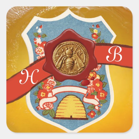 HONEY BEE, BEEKEEPER RED WAX SEAL CREST MONOGRAM VIERKANTE STICKER (Voorkant)