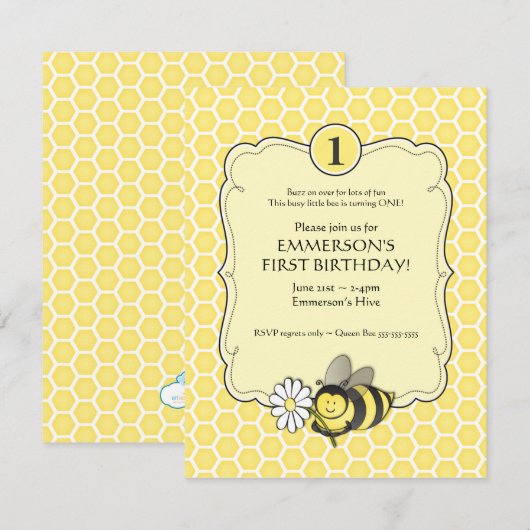 Honey Bee Birthday Invite Kaart (Voorkant / Achterkant)