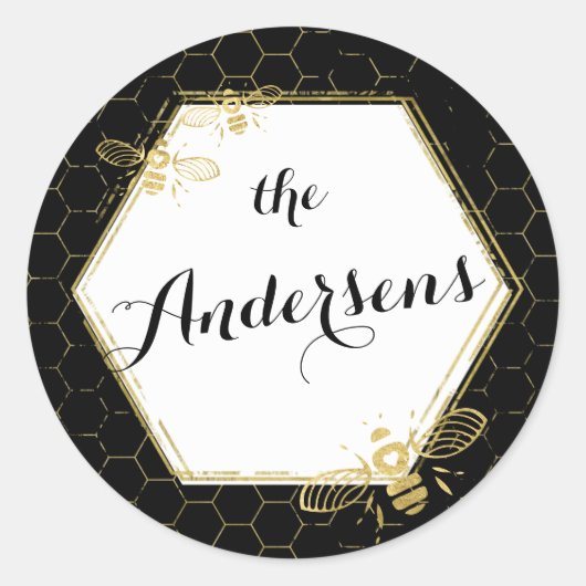 Honey Bee Black Gold Custom Name Sticker Wedding (Voorkant)