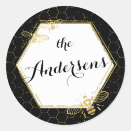 Honey Bee Black Gold Custom Name Sticker Wedding
