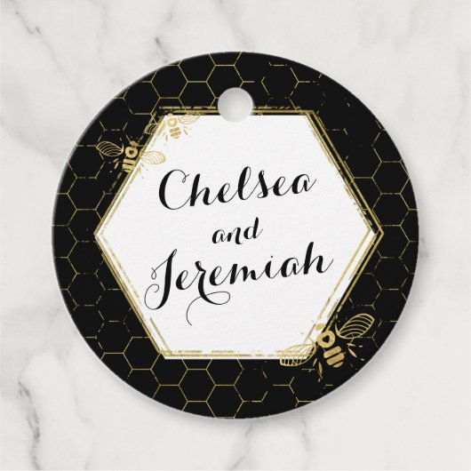 Honey Bee Black Gold Custom Name Wedding Bedankjes Labels (Voorkant)