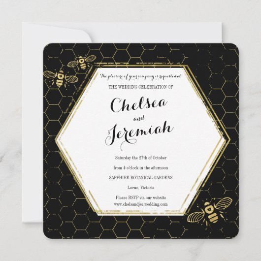 Honey Bee Black Gold Custom Wedding Invitation Kaart (Voorkant)