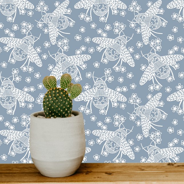 Honey Bee Blue and White Behang (Blue and white honey bee pattern art wallpaper)