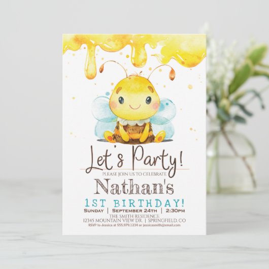 Honey Bee Boy verjaardagsfeestje uitnodiging (Staand voorkant)