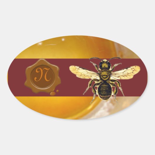 HONEY BEE BROWN WAX SEAL MONOGRAM, BEEKEEPER OVALE STICKER (Voorkant)