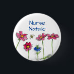 Honey Bee Cosmos Flowers Nurse Name Tag Ronde Button 3,2 Cm<br><div class="desc">Een  knop met felroze kosmosbloemen en een blauwe nigella met een honingbij getekend in inkt met waterverf. Leuke knop voor een verpleegster naamplaatje!</div>