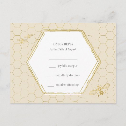 Honey Bee Cream Gold Pattern Custom RSVP Card Uitnodiging Briefkaart (Achterkant)