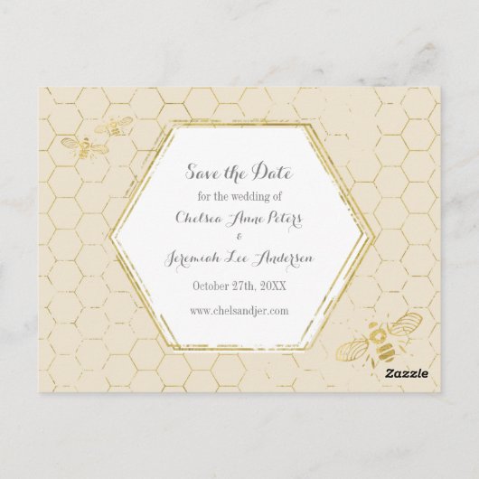 Honey Bee Cream Gold Photo Save the Date Briefkaar Briefkaart (Achterkant)