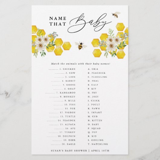 Honey Bee & Daisy Naam Die Baby Paper Game Kaart (Voorkant)