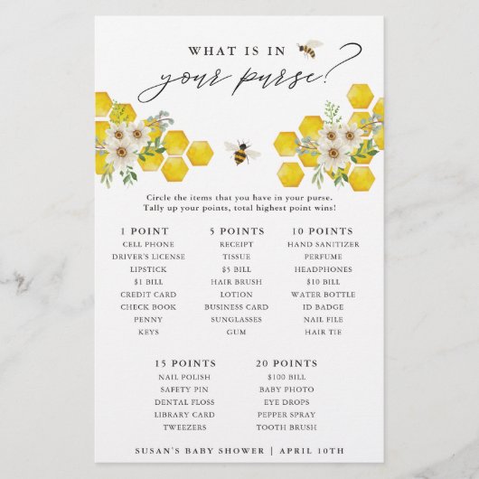 Honey Bee & Daisy Wat zit er in je tas spel Kaart (Voorkant)