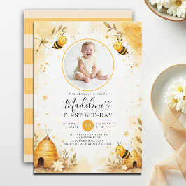 Honey Bee-Day Watercolor Floral Photo 1st Birthday Kaart