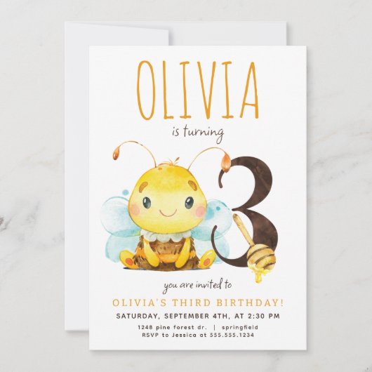 Honey Bee Derde Verjaardag uitnodiging (Voorkant)