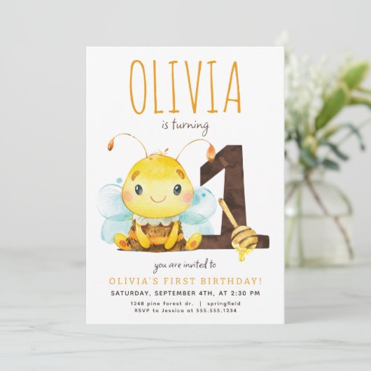 Honey Bee Eerste Verjaardag Uitnodiging (Staand voorkant)