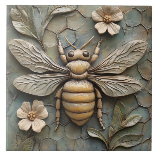 Honey Bee Faux Relief Ceramic – Natuur-geïnspireer Tegeltje (Voorkant)