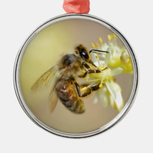 Honey bee feeding on flower metalen ornament