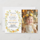 Honey Bee Floral 1e Verjaardag uitnodiging (Voorkant)