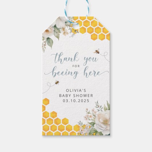 Honey Bee Floral Baby shower Dank u Cadeaulabel (Voorkant)