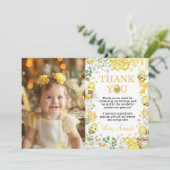 Honey Bee Floral First Bee Day Birthday Photo Bedankkaart (Staand voorkant)