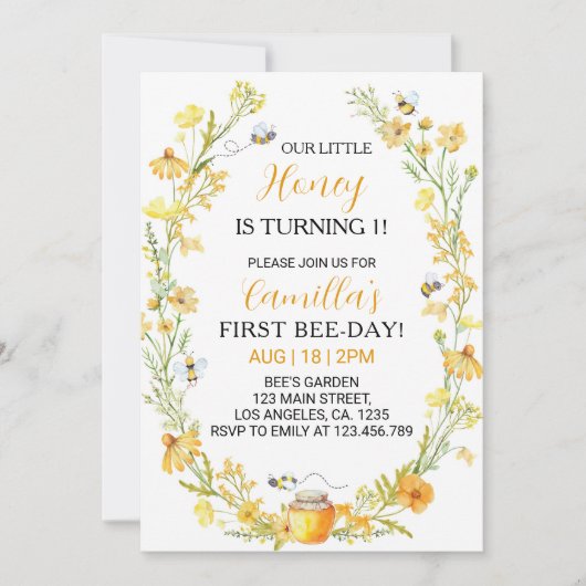Honey Bee Floral Verjaardag Uitnodiging Bumble Bee (Voorkant)