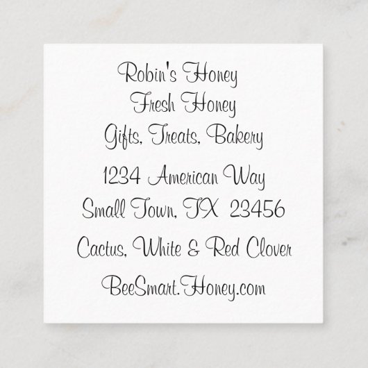 Honey Bee Fresh Honey Visitekaartje (Achterkant)