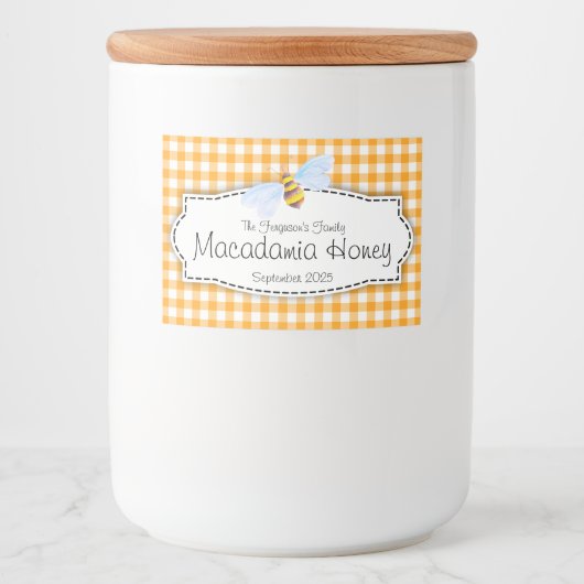 Honey bee gingham gecontroleerd voedseletiket voedselcontainer etiket (Voorkant)