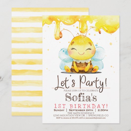 Honey Bee Girl verjaardagsfeestje uitnodiging (Voorkant / Achterkant)