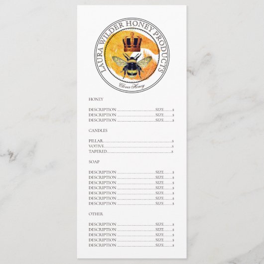 Honey Bee Gold Crown Logo Productprijslijst Menu (Voorkant)