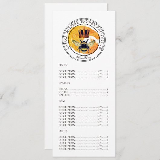 Honey Bee Gold Crown Logo Productprijslijst Menu (Voorkant / Achterkant)
