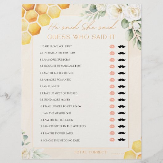 Honey Bee He Said She Said Bridal Shower Game (Voorkant)