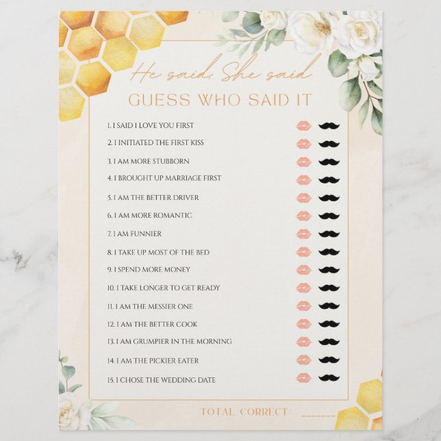 Honey Bee He Said She Said Bridal Shower Game (Voorkant)