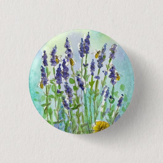 Honey Bee Lavendel Kruid Waterverf Bloemen Ronde Button 3,2 Cm (Voorkant)