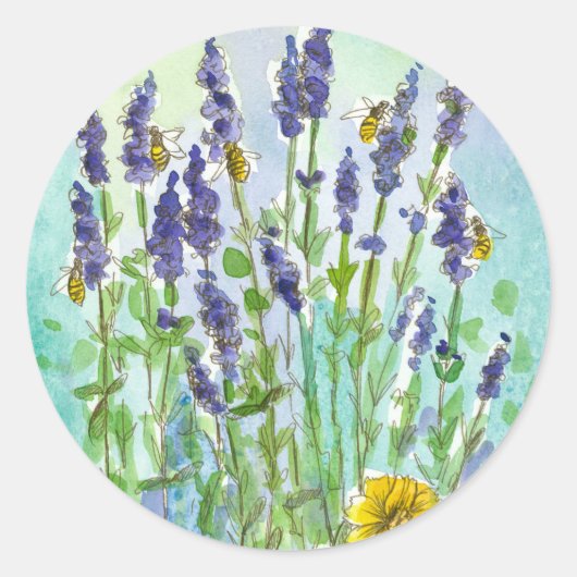 Honey Bee Lavendel Kruid Waterverf Bloemen Ronde Sticker (Voorkant)