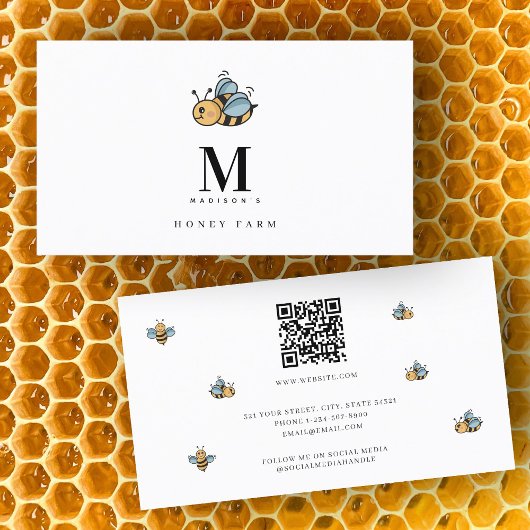 Honey Bee Luxe Monogram Minimalistische QR-code Visitekaartje