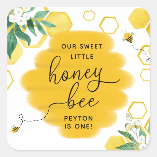 Honey Bee met Florals Verjaardagsgunst Sticker (Voorkant)