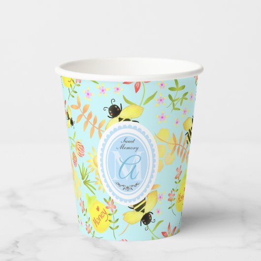 Honey Bee Pastel Blauw Papieren Bekers (Voorkant)