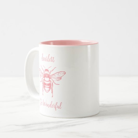 Honey Bee Roze Wit Personaliseer Koffie Mok (Voorkant links)