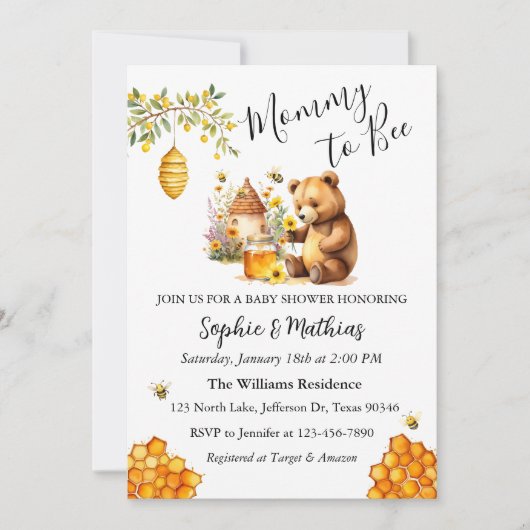Honey Bee Schattige Beer Baby shower Uitnodiging (Voorkant)