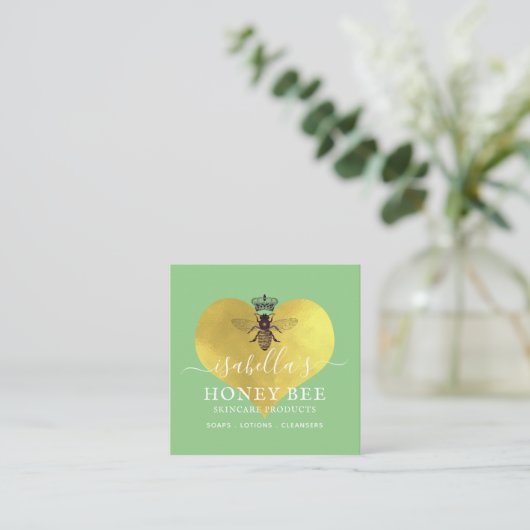 Honey Bee Skincare Gold Folie Op Groen Vierkante Visitekaartje (Staand voorkant)