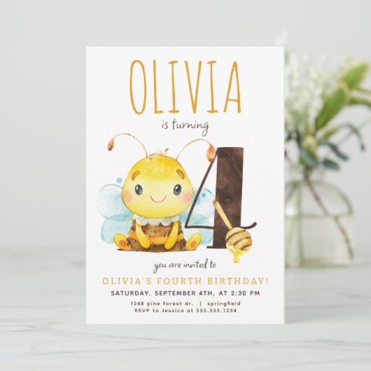 Honey Bee Vierde Verjaardag uitnodiging (Staand voorkant)