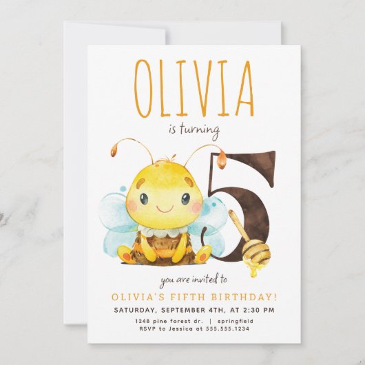 Honey Bee Vijfde Verjaardag uitnodiging (Voorkant)