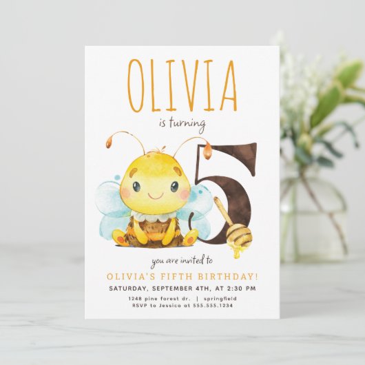 Honey Bee Vijfde Verjaardag uitnodiging (Staand voorkant)