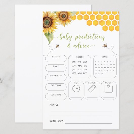 Honey Bee Voorspellingen & Advies Baby shower Spel (Voorkant / Achterkant)