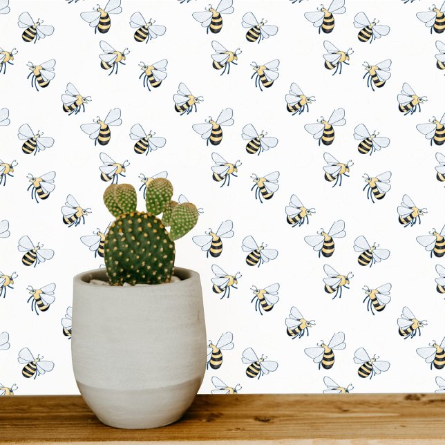 Honey Bee White Behang (Pretty little yellow and  white honey bee pattern art wallpaper)