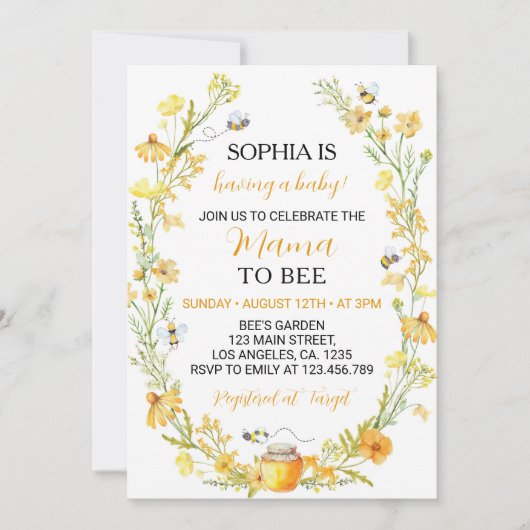 Honey Bee Wildflower Baby shower Invitation Kaart (Voorkant)