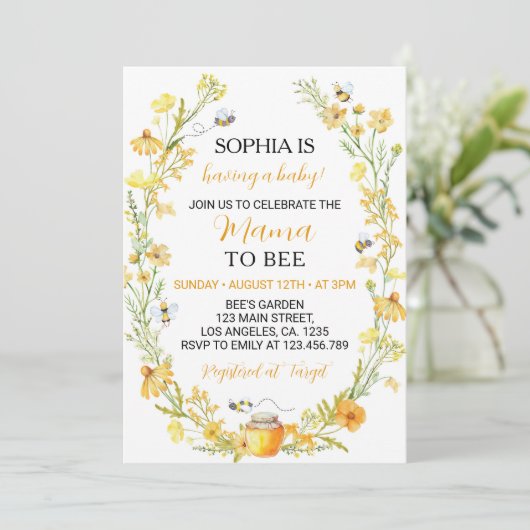 Honey Bee Wildflower Baby shower Invitation Kaart (Staand voorkant)