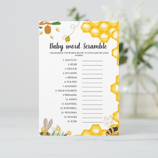 Honey Bee woord scramble baby shower spel Kaart (Staand voorkant)