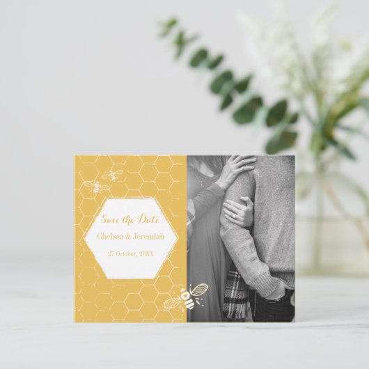 Honey Bee Yellow Photo Save the Date Briefkaart (Staand voorkant)