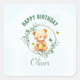 Honey Beer Schattige Greenery Boy Happy Birthday Vierkante Sticker